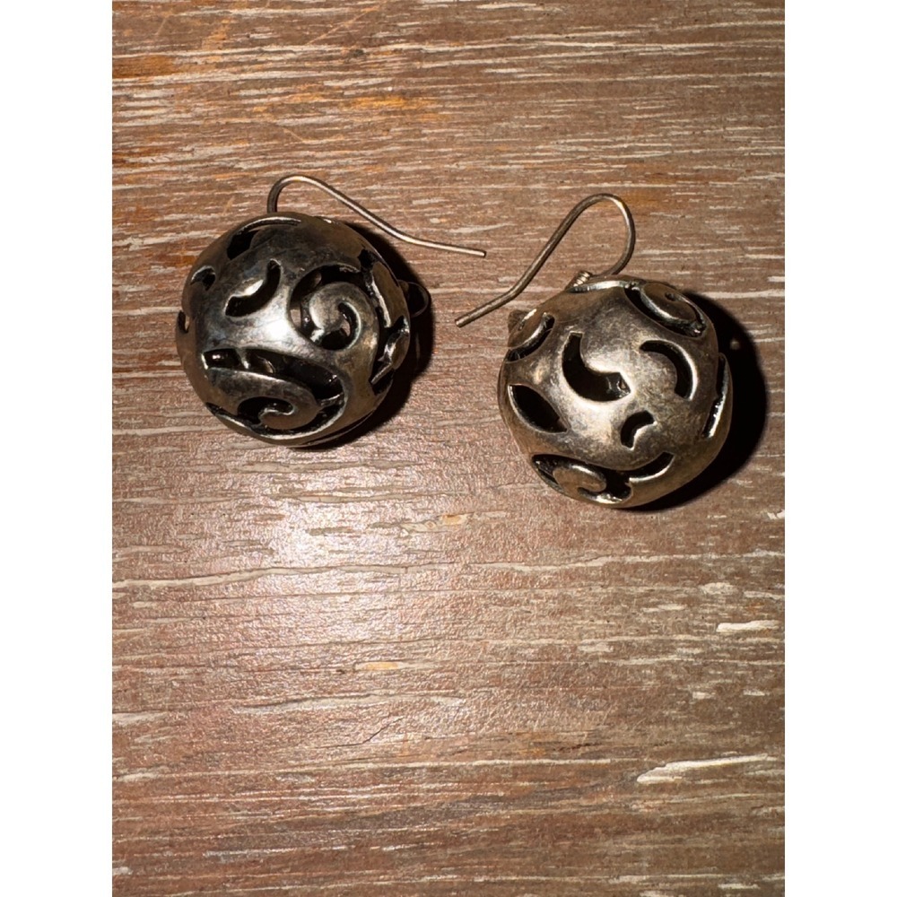 Sterling Silver Tone Filigree Ball Drop Dangle Earrings Ornate Vintage Style - Picture 2 of 6